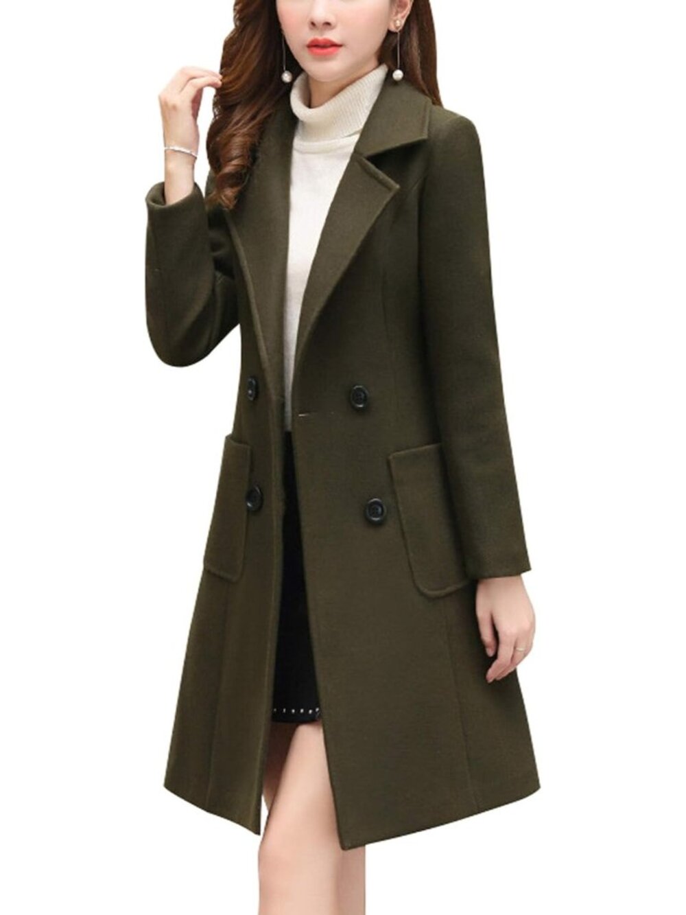Women's Army Green Notch Collar Long Sleeve Double Breasted Long Wool Pea Coats